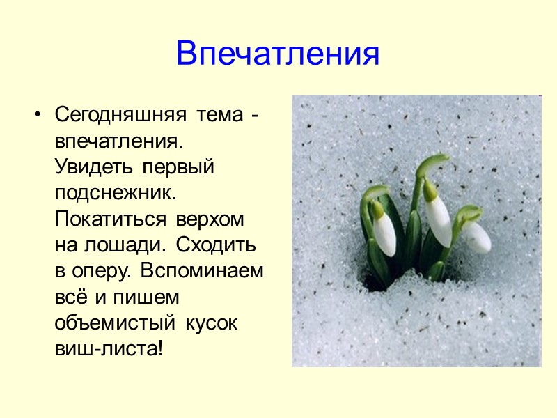 Впечатления Сегодняшняя тема - впечатления. Увидеть первый подснежник. Покатиться верхом на лошади. Сходить в